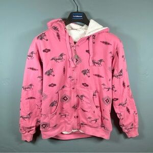 C.E. Schmidt Sherpa Hoodie Sweatshirt Jacket  Full Zip Size L Horse Print